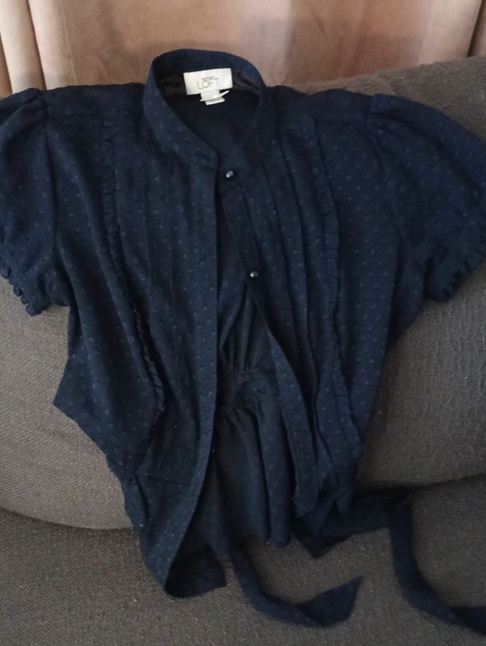 LOFT Navy Swiss Dot Button-Front Blouse with Tie Waist